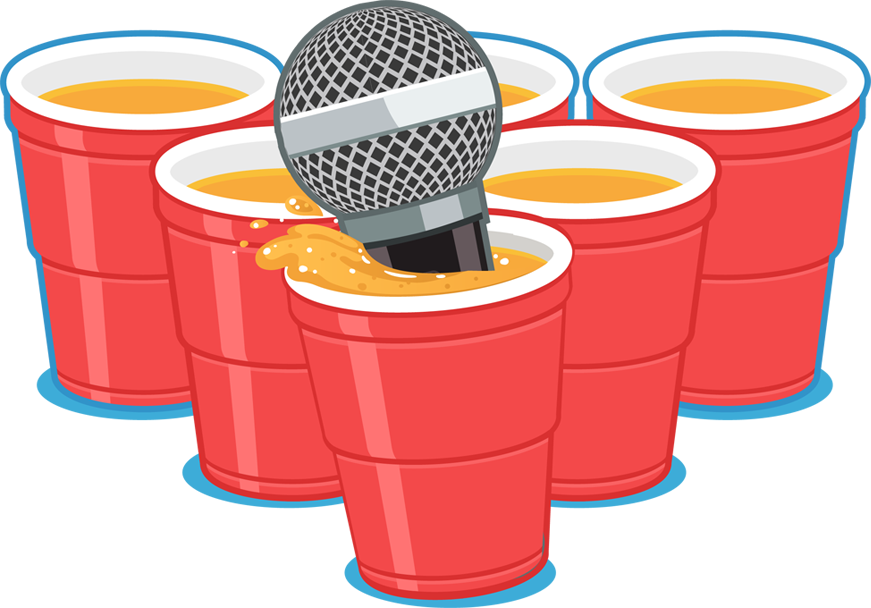 Illustration of six red Solo cups in a triangle formation, each filled with beer. The frontmost cup has a microphone that has just landed in it, creating a bit of a splash